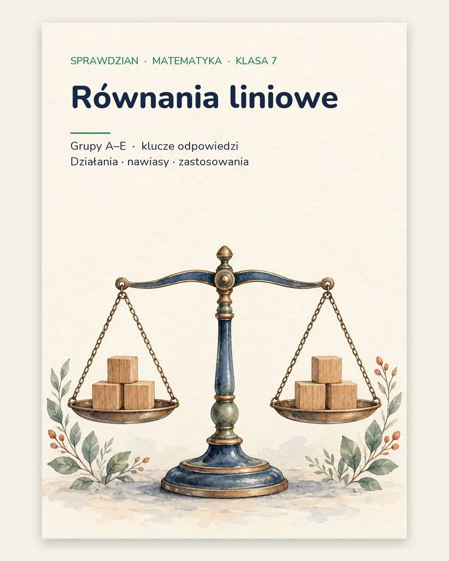 Równania liniowe — sprawdzian z matematyki, klasa 7, grupy A–E — okładka