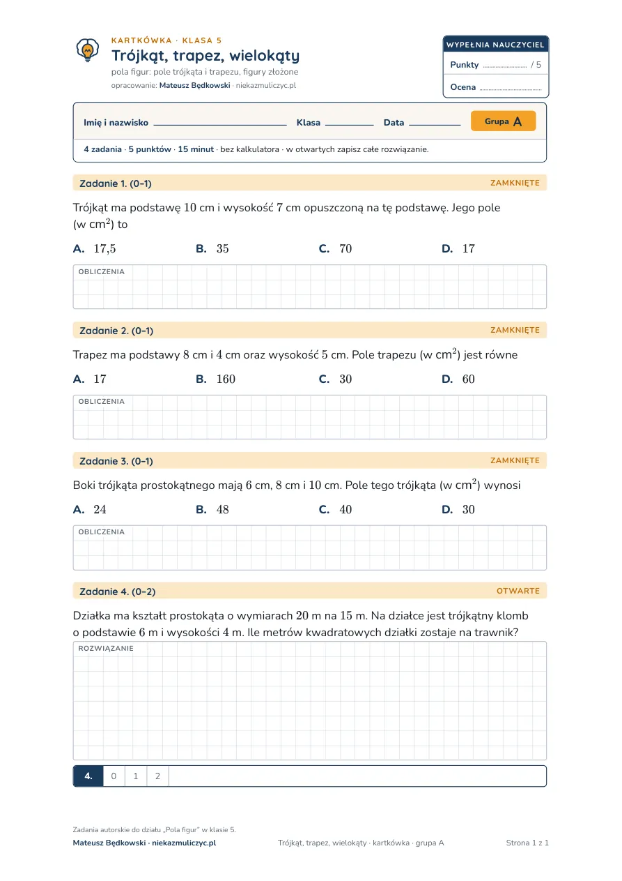Trójkąt, trapez, wielokąty — kartkówka, klasa 5 — pierwsza strona arkusza grupy A
