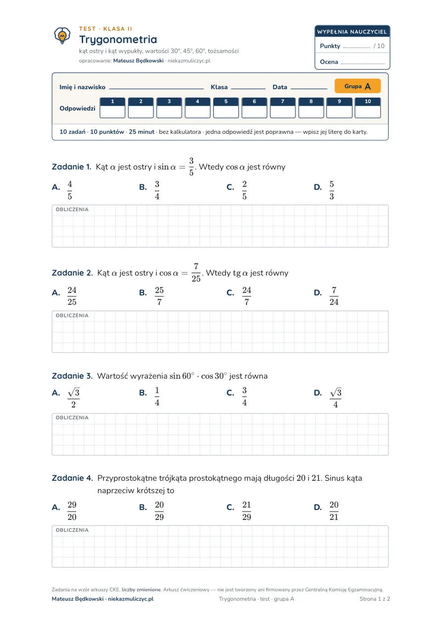 Trygonometria — test, liceum klasa 2 — pierwsza strona arkusza grupy A