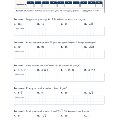 Pitagoras i trójkąty szczególne — test, klasa 8 — pierwsza strona arkusza grupy A