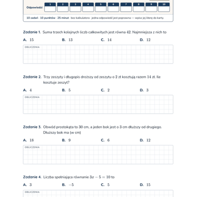 Równania — test, klasa 7 — pierwsza strona arkusza grupy A