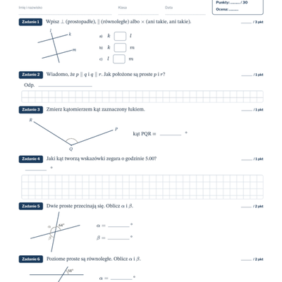 Figury geometryczne — sprawdzian, klasa 5 — pierwsza strona arkusza grupy A