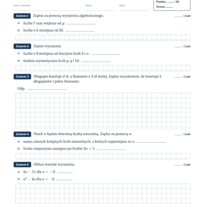 Wyrażenia algebraiczne — sprawdzian, klasa 7 — pierwsza strona arkusza grupy A