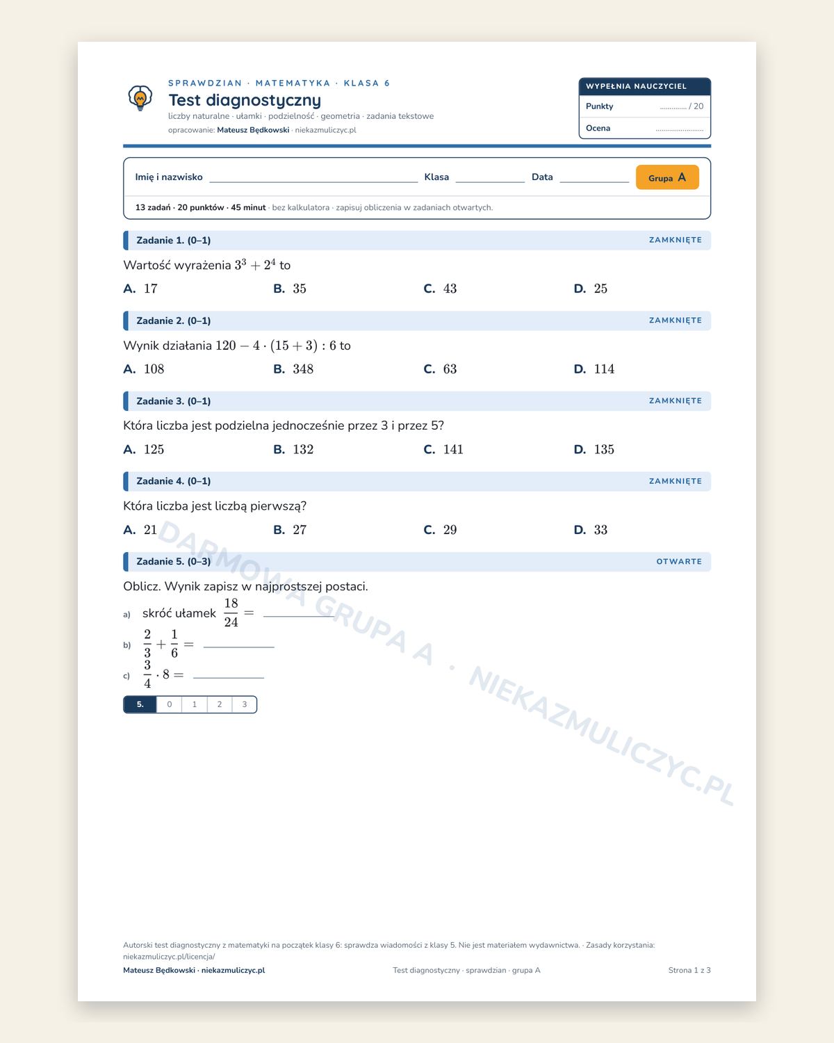 Pierwsza strona testu diagnostycznego z matematyki dla klasy 6, grupa A