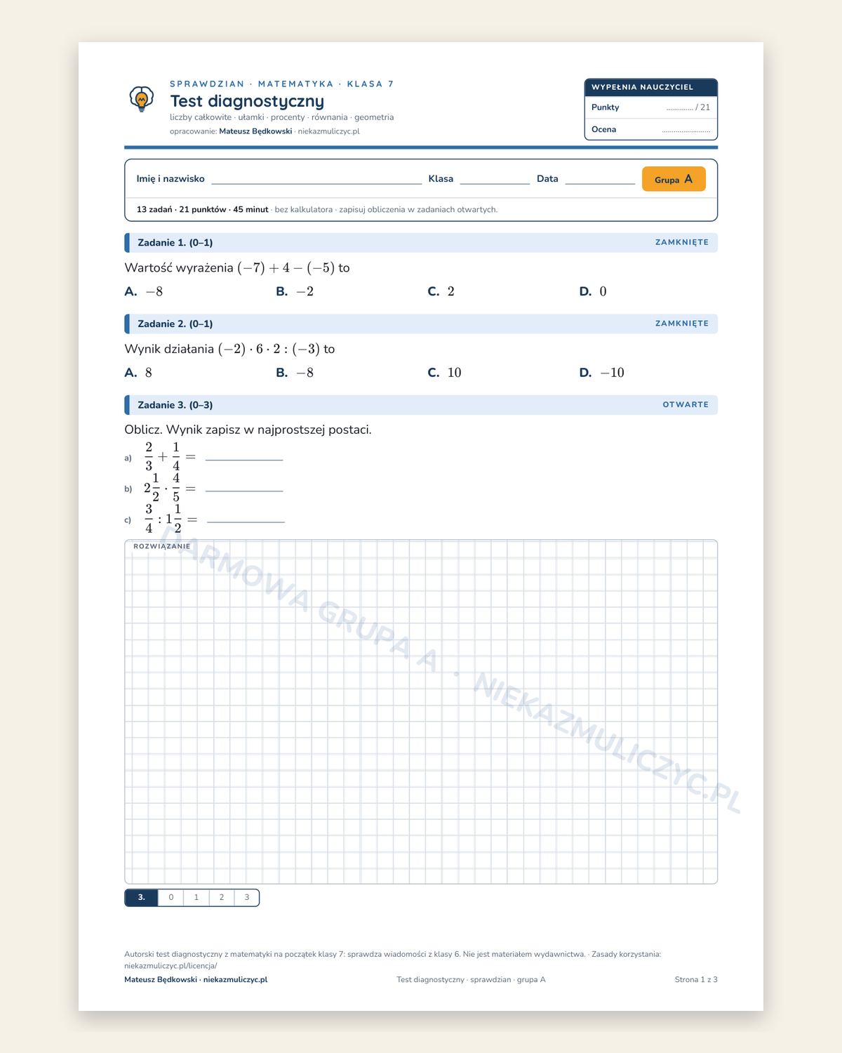 Pierwsza strona testu diagnostycznego z matematyki dla klasy 7, grupa A