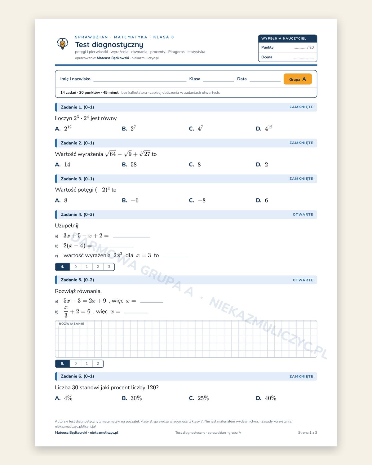 Pierwsza strona testu diagnostycznego z matematyki dla klasy 8, grupa A