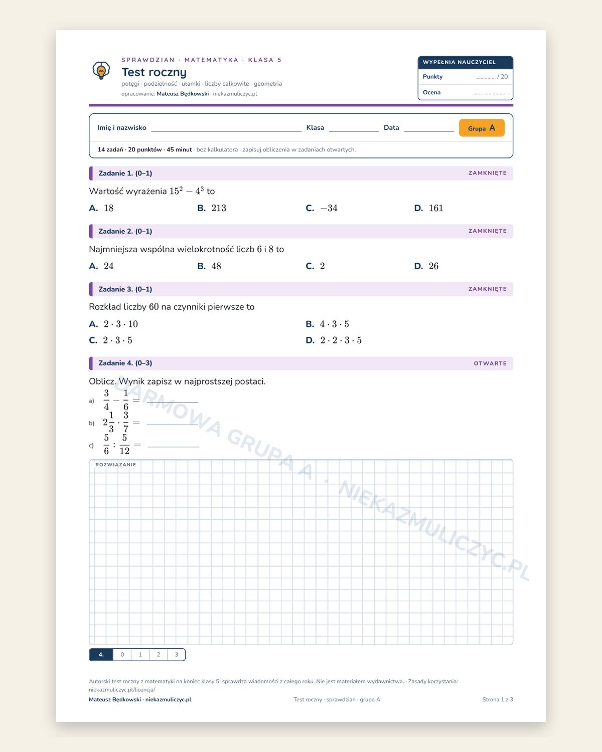 Pierwsza strona testu rocznego z matematyki dla klasy 5, grupa A