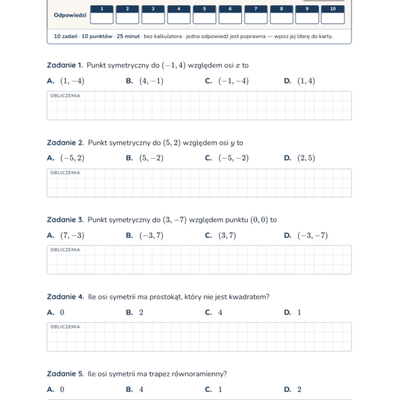 Symetrie — test, klasa 8 — pierwsza strona arkusza grupy A