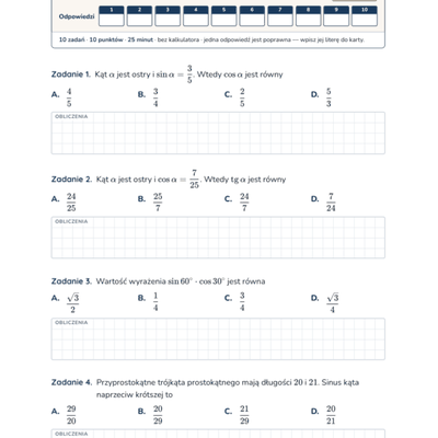 Trygonometria — test, liceum klasa 2 — pierwsza strona arkusza grupy A