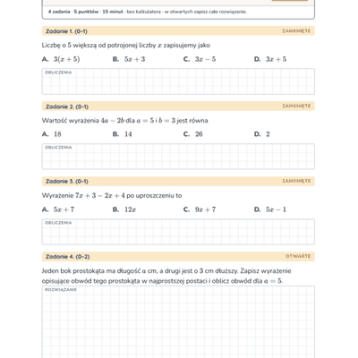 Wyrażenia algebraiczne — kartkówka, klasa 6 — pierwsza strona arkusza grupy A