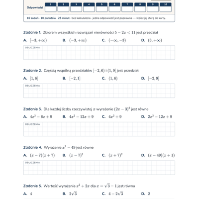 Wyrażenia, równania i nierówności — test, liceum klasa 1 — pierwsza strona arkusza grupy A